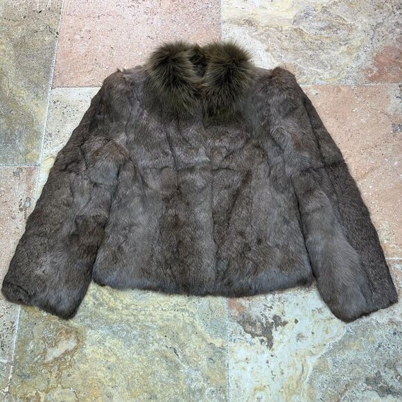 Vintage Rabbit Fur Coat w/ Fox Fur Collar Brown Jacket Women’s Size Small - Picture 1 of 11